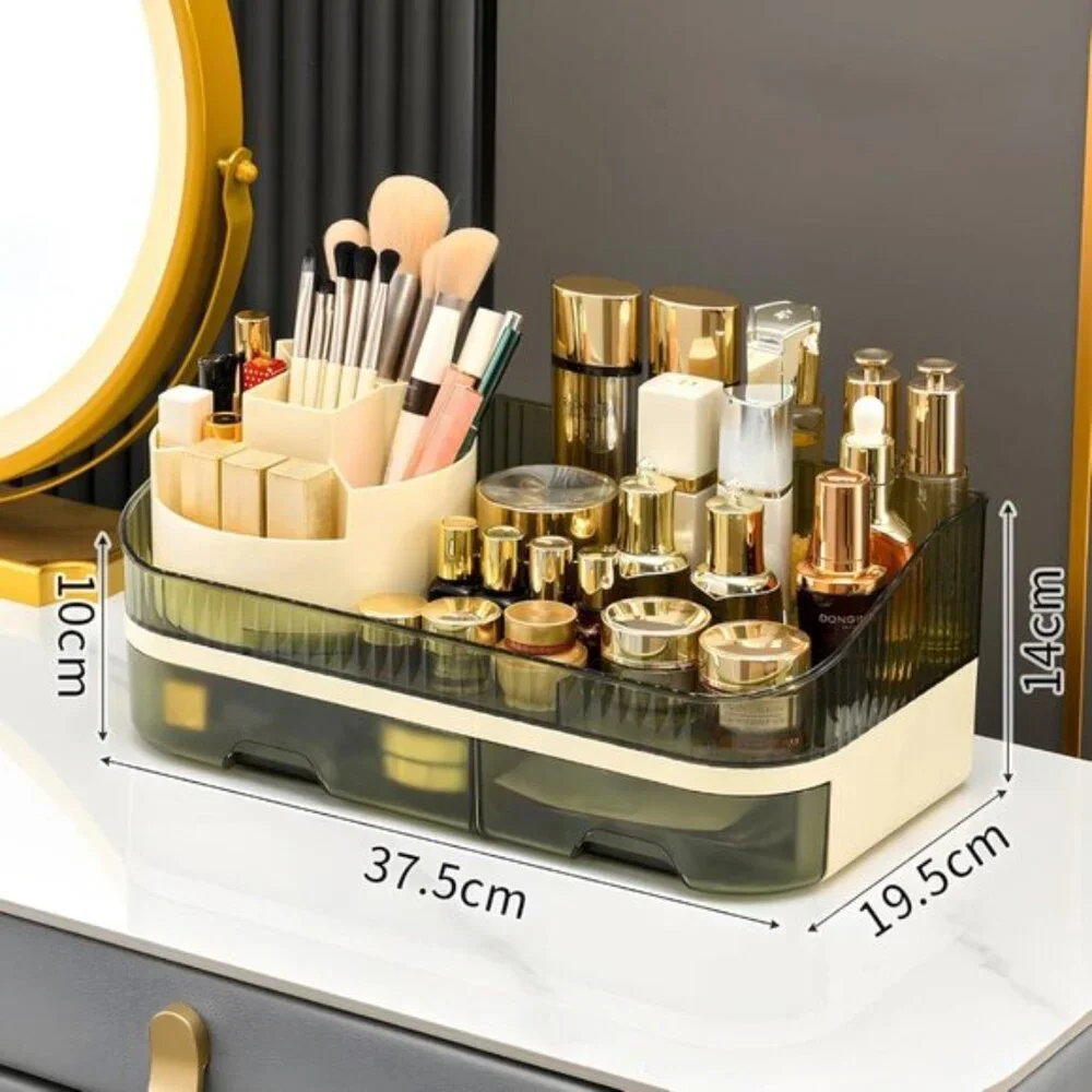 Rotating Makeup Organizer, Clear Green Acrylic Countertop Storage with 2 Drawers